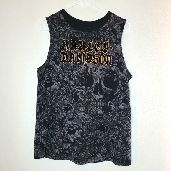 Harley-Davidson Tops - Harley Davidson Skull Tanl Print All Over Women's Black Large Sleeveless Biker